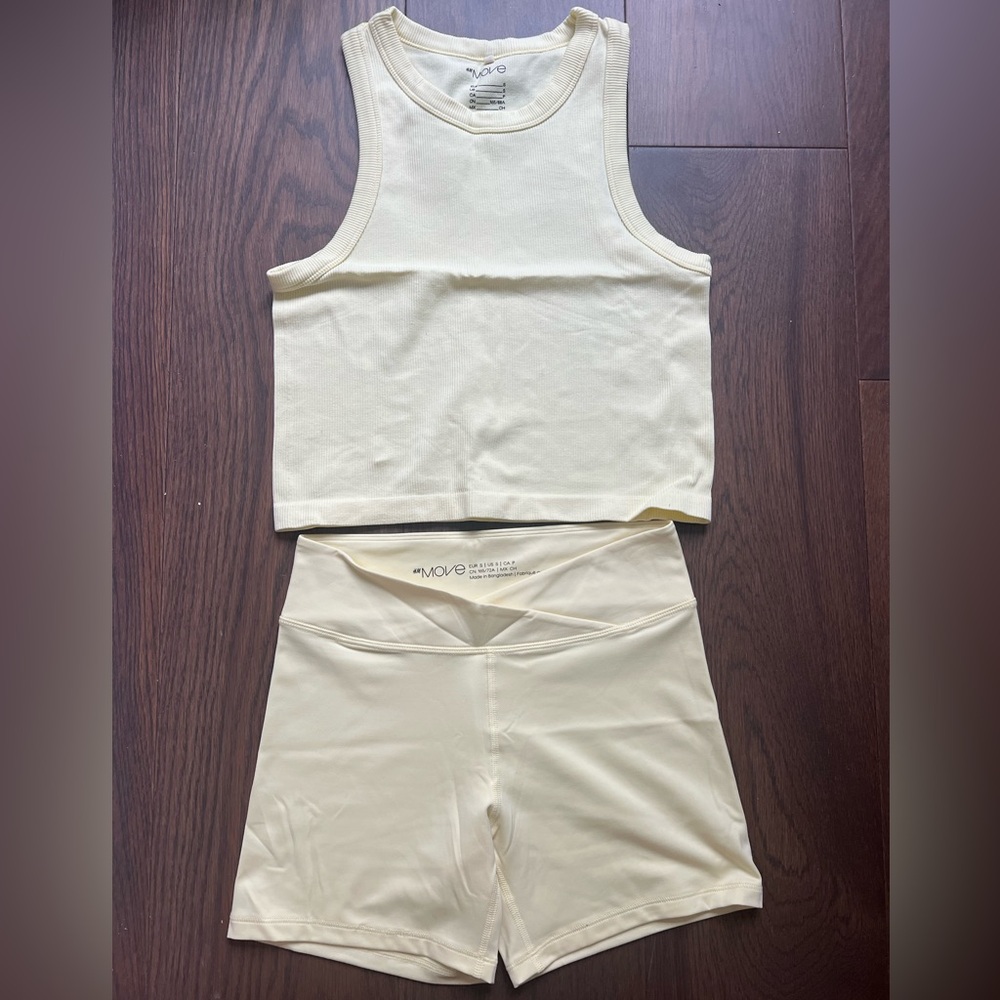 NEW H&M SPORTS BRA WORKOUT TANK TOP + SHORTS BUTTER YELLOW never worn size S